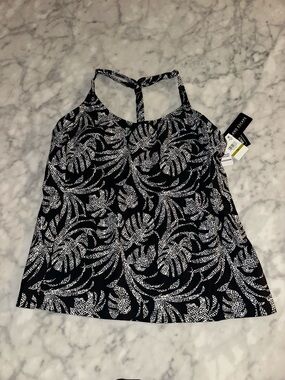 Island Escape tankini Black & White Leaf-Print Top full bust support